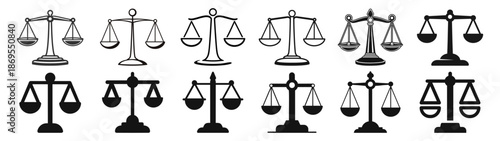 Scales of justice flat icon set, legal balance and court law symbol design on transparent background