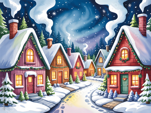 Whimsical Winter Wonderland Illustration of Snowy Houses and Trees under Starry Night Sky