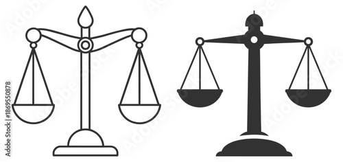 Scales of justice flat icon set, legal balance and court law symbol design on transparent background