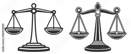 Justice scale icon vector collection, law balance and court symbol illustration on transparent background