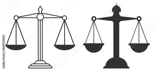 Scale icon. Scales of justice flat vector icon set. Vintage law balance and equilibrium design on transparent background