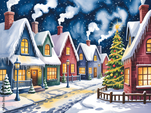 Whimsical Winter Wonderland Scene Illustration Featuring Snowy Houses and Christmas Tree at Night