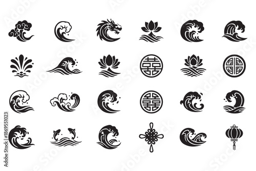 Chinese New Year Water Wave Symbols Asian Decorative Vector Icons