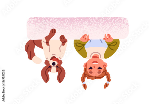 Happy girl with pigtails and dog peeking outside, hanging upside down together. Cute kid with pet looking out from behind wall. Child with curiosity peeps. Flat isolated vector illustration on white.