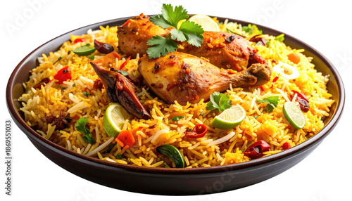 A close-up shot of a flavorful rice dish with chicken legs, garnished with lime and herbs. The food is in a brown bowl