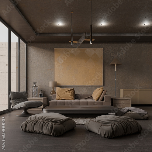 A moody living room design features a low brown sofa, floor cushions, and abstract wall art under modern lights, created using Blender software.