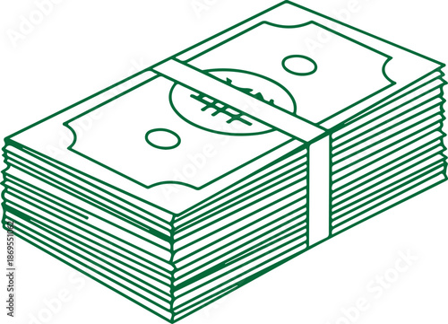 A dark green line art vector of a thick stack of banded paper currency bills, shown in an isometric perspective to represent a large sum of cash or a bank deposit.