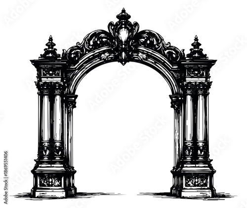 Ornate hand drawn line art illustration of a classical archway depicting intricate architectural detail for elegant design