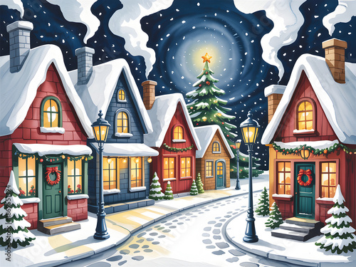 Whimsical Winter Wonderland Scene with Snowy Cottages and Christmas Tree Illustration for Holiday Greeting Cards