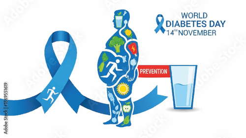 World Diabetes Day awareness ribbon and overweight man illustration.