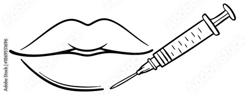 Hand drawn line art illustration of lips and a syringe depicting cosmetic filler for beauty treatments