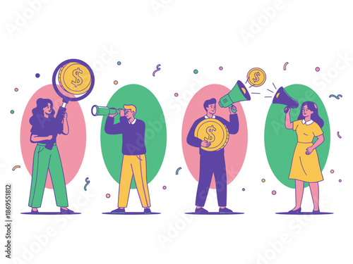Group of people holding coins and megaphones celebrating financial success or business growth