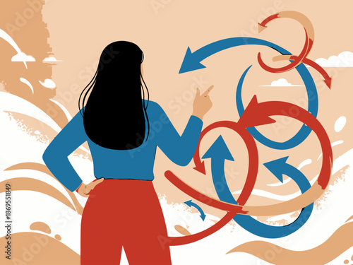 Woman standing with arrows around her making a decision or planning