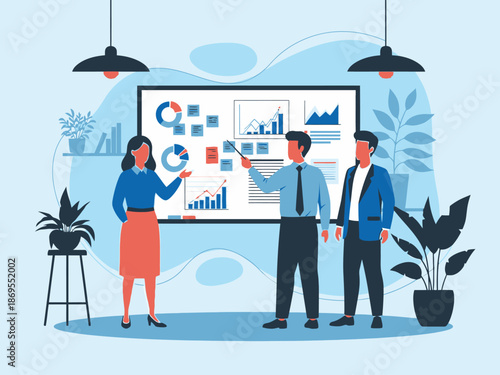Business team presenting data on a whiteboard in a meeting room