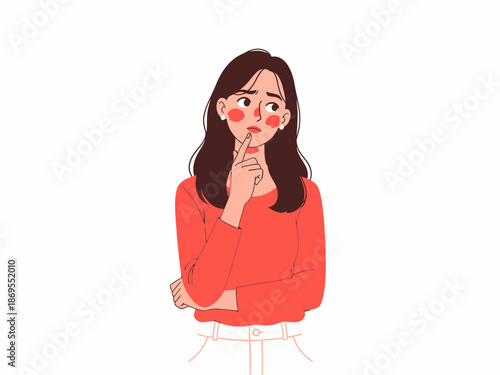 A young woman with long dark hair thinking and looking away