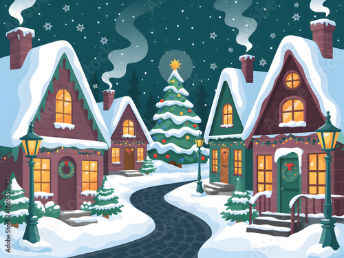 Whimsical Winter Wonderland Scene with Snowy Houses and Christmas Tree Illustration for Holiday Greeting Cards