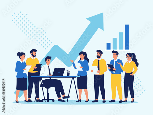 Business team working together with growing graph and statistics in office setting with coworkers