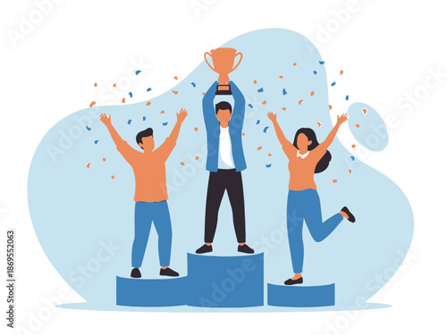 Three people standing on podium with trophy celebrating victory and success