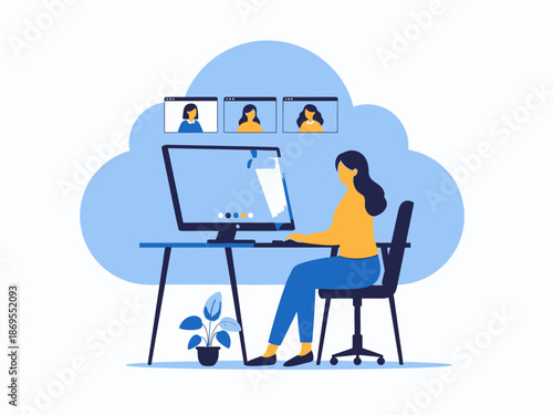 Woman working on computer with video conference on screen and plant on desk