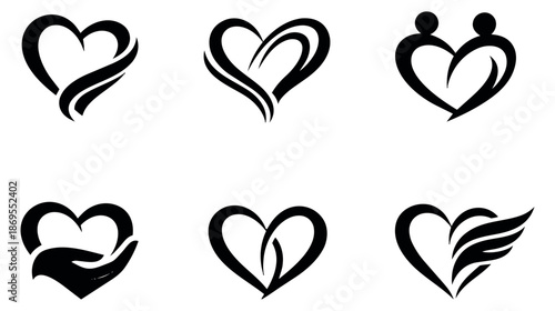 Stylized graphic heart icon set featuring various modern symbolic designs for love and relationship concepts