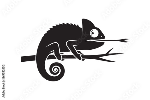 Chameleon silhouette on branch vector art isolated on white background