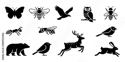 Collection of diverse black and white animal icons featuring insects birds and mammals