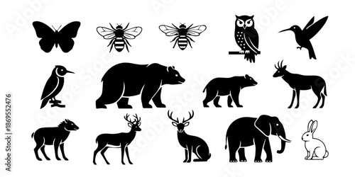 Collection of black silhouette icons depicting various animals including birds and mammals
