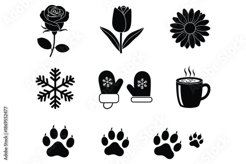 set of black silhouettes of trees, flower winter paw icon