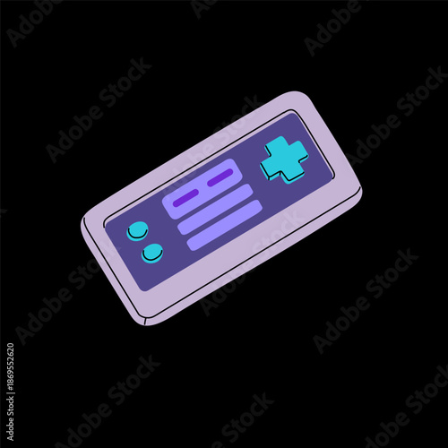 Vintage game console, retro gameboy. Retrowave controller, joystick of 80s, 90s. Electronic pad with screen, neon buttons for gamers. Old entertainment technology. Flat isolated vector illustration.