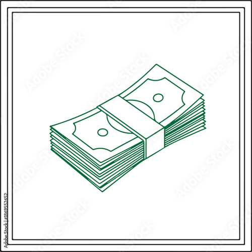 A green line art vector featuring a thick stack of paper currency bills secured with a central band, presented in an isometric perspective within a simple square frame.