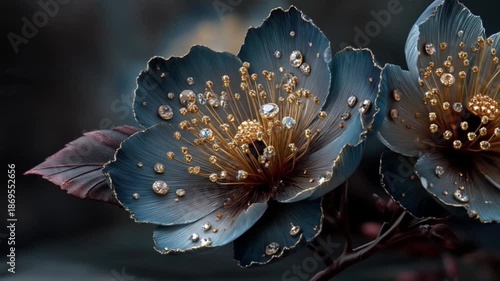 Close up of a blue flower with water drops dramatic lighting nature