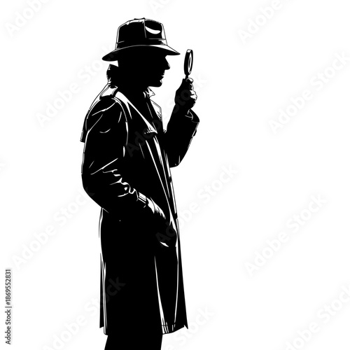 Silhouette of a detective holding a magnifying glass, searching for clues.