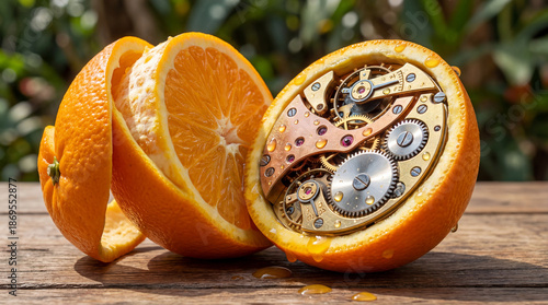 Wallpaper Mural Orange fruit revealing intricate clockwork mechanism inside Torontodigital.ca