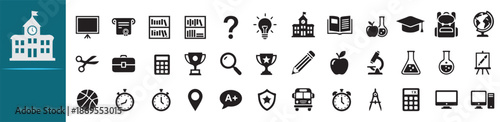 Complete Education Icon Set Featuring School, College, University, Books, Science, Learning Tools, Academic Symbols, Online Study, Classroom Objects and Knowledge Elements for Website, App and UI Desi
