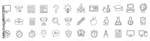 Complete Education Icon Set Featuring School, College, University, Books, Science, Learning Tools, Academic Symbols, Online Study, Classroom Objects and Knowledge Elements for Website, App and UI Desi