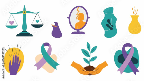 Collection of Symbols Representing Justice Health Growth and Awareness.
