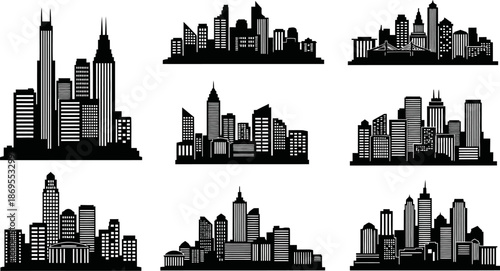 Modern city skyscraper silhouettes with window details and architectural structures urban landscape vector set on transparent background for metropolitan building and city planning