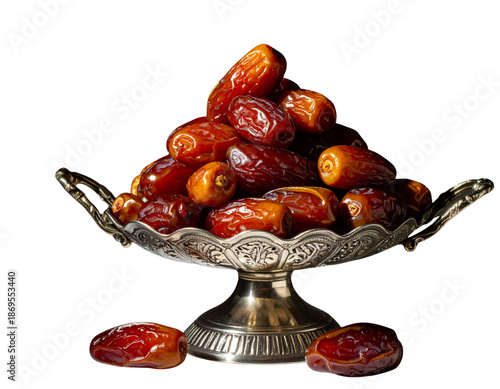 Pile of Fresh Dates Fruit in Traditional Silver Bowl for Ramadan Iftar Isolated on White Background