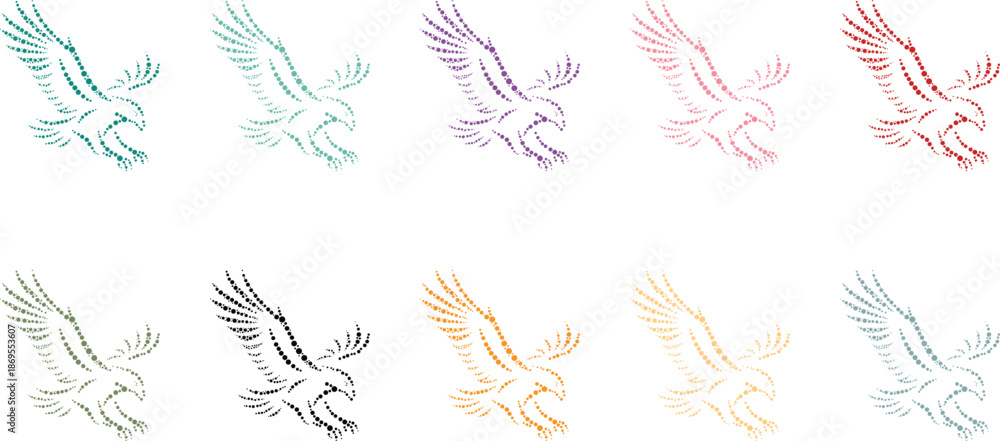Fototapeta premium Colorful dot art eagles flying on white, Mosaic eagle flight silhouette collection