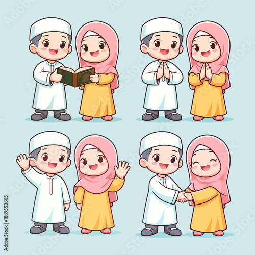 Happy Muslim Children Learning and Greeting