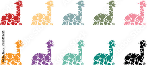 Colorful dot art llamas sitting on white, Llama mosaic animal silhouette set