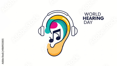 World Hearing Day illustration with colorful ear and music notes.