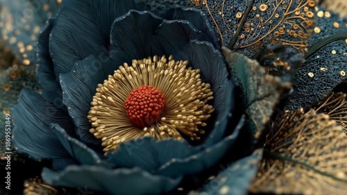 Close up of a decorative blue flower with golden center and red core