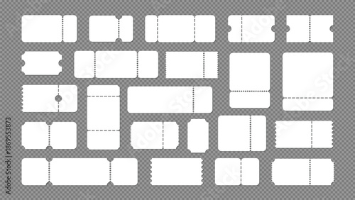 Blank ticket and coupon template set. Perforated edges, voucher and festival pass mockup. clean printable design for events, cinema, travel, promotions, discounts, gift cards, branding and marketing