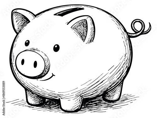 Hand drawn line art illustration of a piggy bank depicting saving money for financial concepts