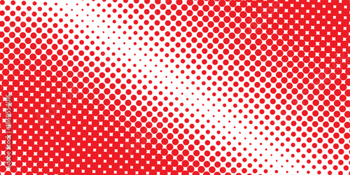 Red halftone gradient texture. Fading cartoon polka dots background. Repeating dotted gradient pattern. Vector