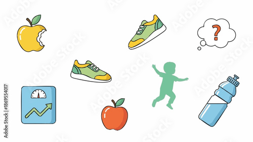 Healthy Lifestyle Icons Representing Fitness and Nutrition Choices.
