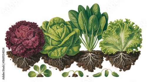 A detailed botanical illustration of four types of lettuce growing from soil, arranged horizontally across the image (1)_traced