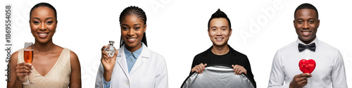 Diverse smiling professional cutouts: a model with champagne, perfumer, photographer assistant, and suitor with chocolates. Ideal for corporate, beauty, luxury, and holiday designs,