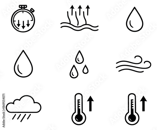 Line art weather and material properties icons set featuring drying time, evaporation, water drops, wind, rain, and rising temperature for environmental conditions